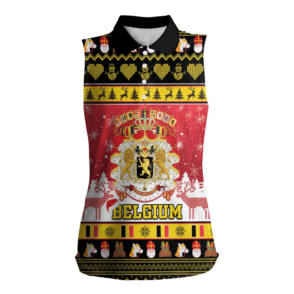 Belgium Christmas Women Sleeveless Polo Shirt Coat Of Arms Vrolijk Kerstfeest - Wonder Print Shop