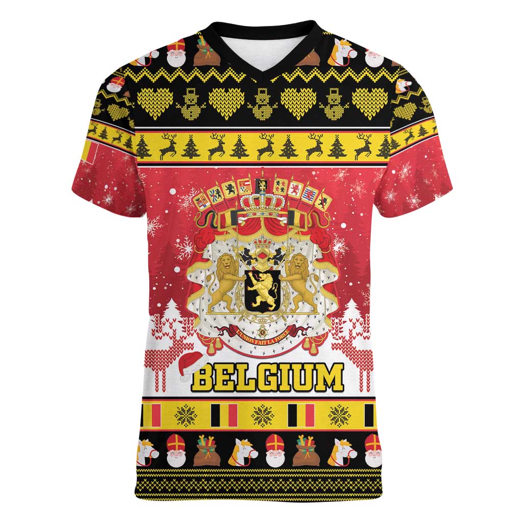 Belgium Christmas Women V-Neck T-Shirt Coat Of Arms Vrolijk Kerstfeest - Wonder Print Shop