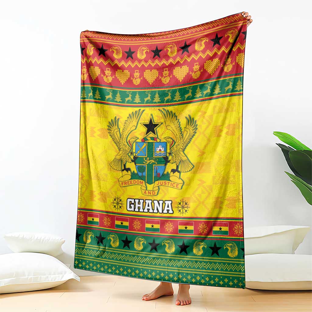 Yellow Ghana Christmas blanket with coat of arms and 'Ghana' text, green star band border