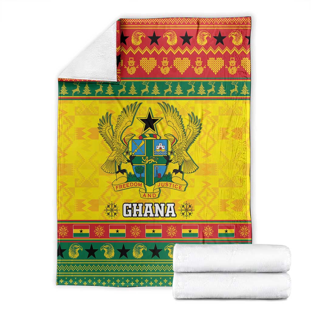 Yellow Ghana Christmas blanket with coat of arms emblem, 'Ghana' text, red-green border