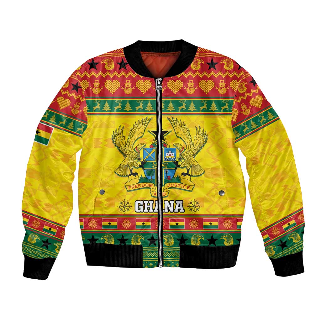 Ghana-themed Christmas bomber jacket with full-zip front, yellow base, crest and patterns