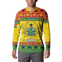 Yellow Ghana graphic button sweatshirt on model; crest center with “GHANA”