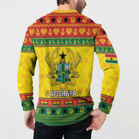 Yellow graphic button sweatshirt on model; back print shows Ghana crest and “AFISHAPA”