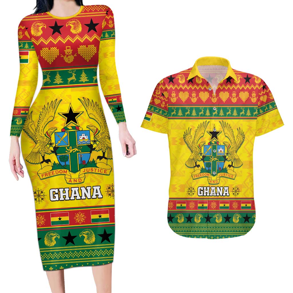 Ghana Christmas Couples Matching Long Sleeve Bodycon Dress and Hawaiian Shirt Coat Of Arms Afishapa - Wonder Print Shop