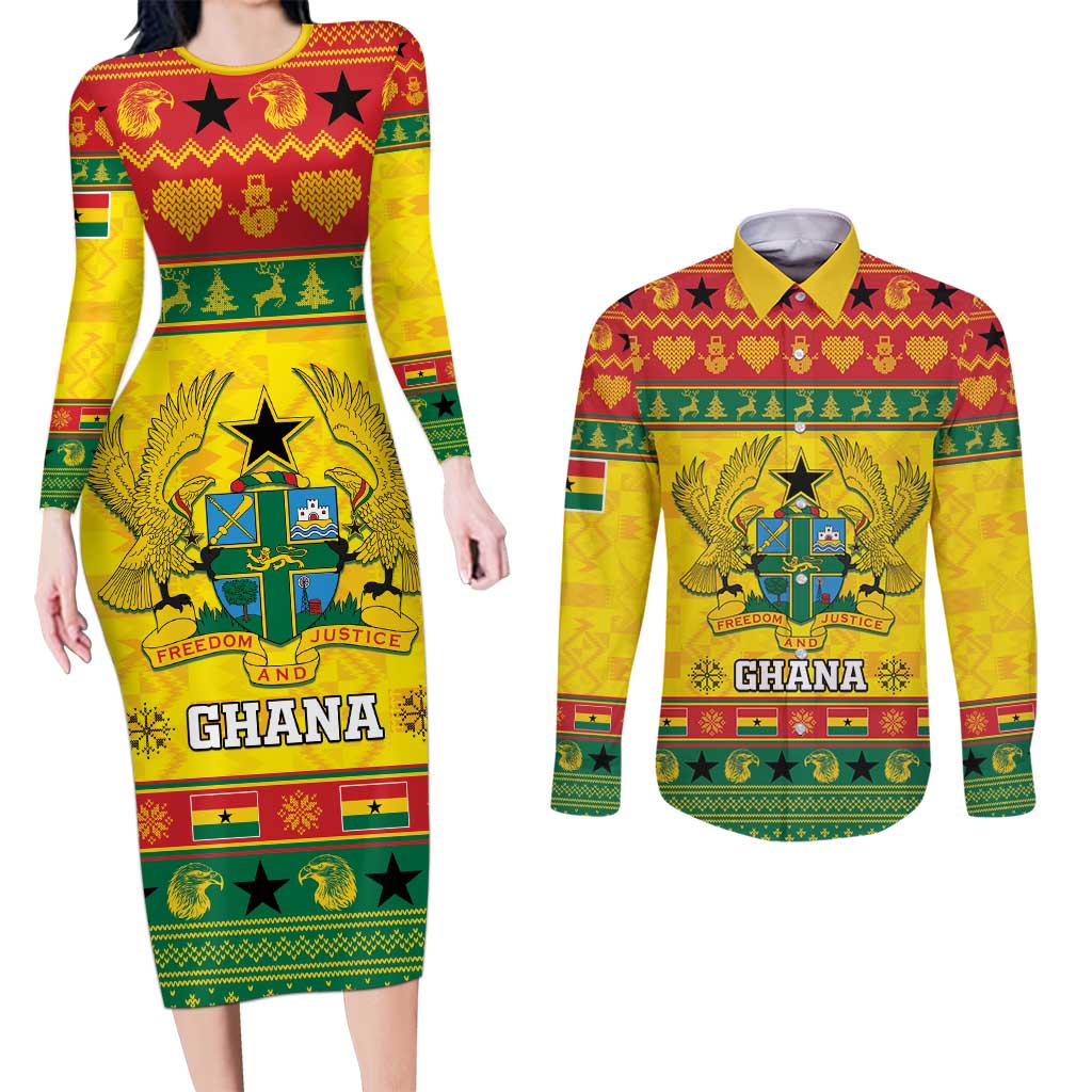 Ghana Christmas Couples Matching Long Sleeve Bodycon Dress and Long Sleeve Button Shirt Coat Of Arms Afishapa - Wonder Print Shop