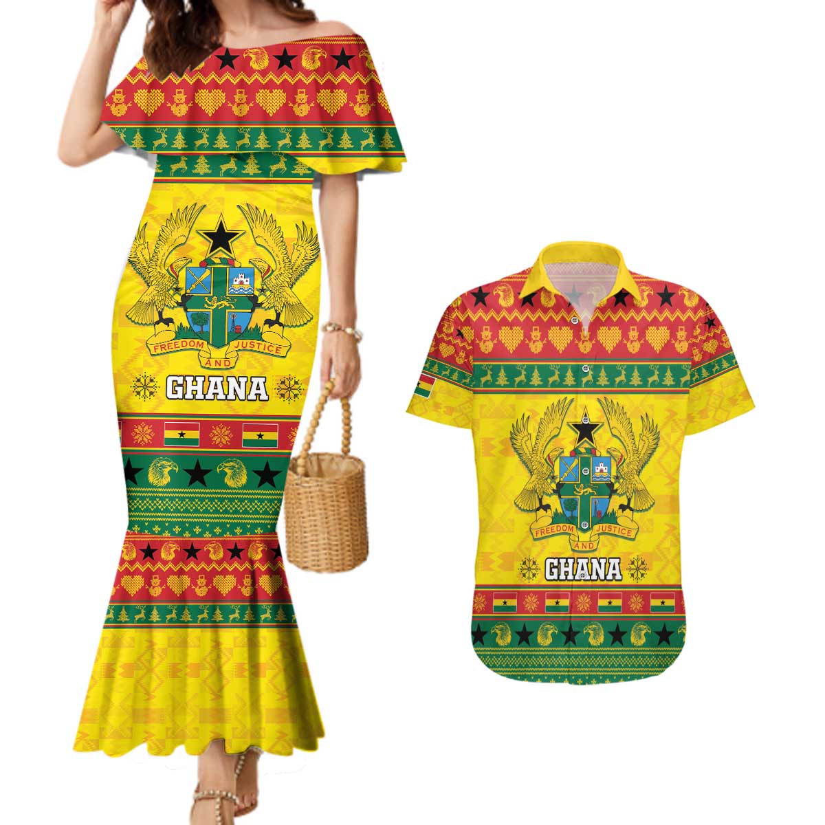 Ghana Christmas Couples Matching Mermaid Dress and Hawaiian Shirt Coat Of Arms Afishapa - Wonder Print Shop