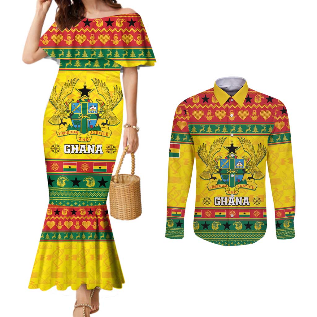 Ghana Christmas Couples Matching Mermaid Dress and Long Sleeve Button Shirt Coat Of Arms Afishapa