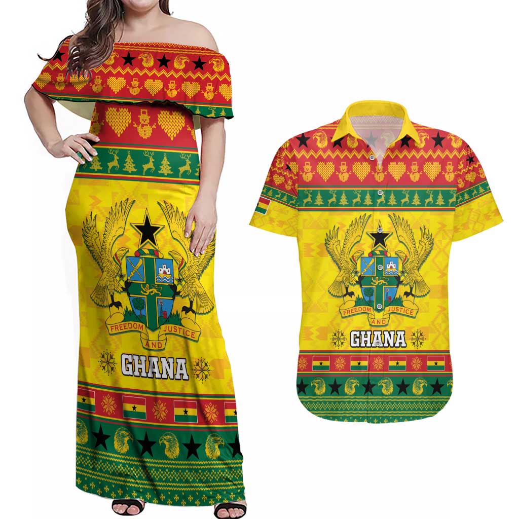 Ghana Christmas Couples Matching Off Shoulder Maxi Dress and Hawaiian Shirt Coat Of Arms Afishapa - Wonder Print Shop