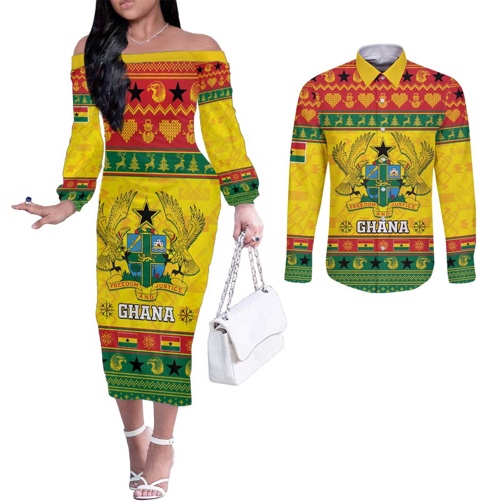 Ghana Christmas Couples Matching Off The Shoulder Long Sleeve Dress and Long Sleeve Button Shirt Coat Of Arms Afishapa