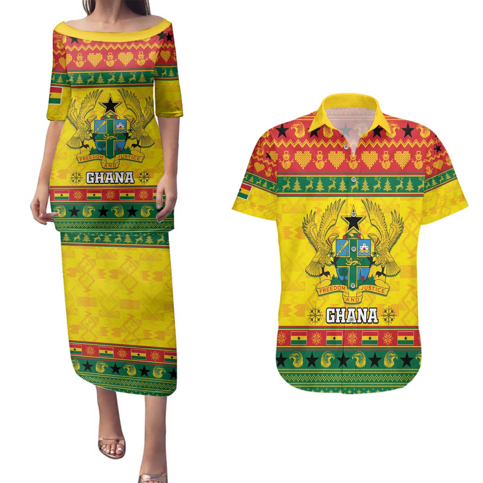 Ghana Christmas Couples Matching Puletasi and Hawaiian Shirt Coat Of Arms Afishapa - Wonder Print Shop