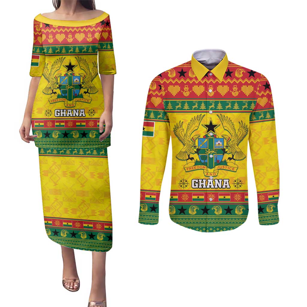 Ghana Christmas Couples Matching Puletasi and Long Sleeve Button Shirt Coat Of Arms Afishapa - Wonder Print Shop