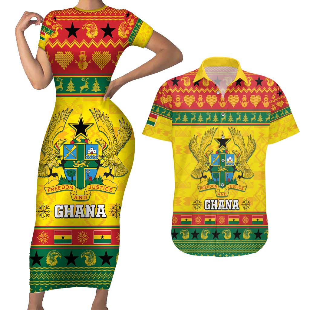 Ghana Christmas Couples Matching Short Sleeve Bodycon Dress and Hawaiian Shirt Coat Of Arms Afishapa - Wonder Print Shop