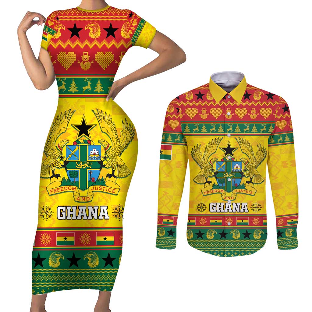 Ghana Christmas Couples Matching Short Sleeve Bodycon Dress and Long Sleeve Button Shirt Coat Of Arms Afishapa - Wonder Print Shop