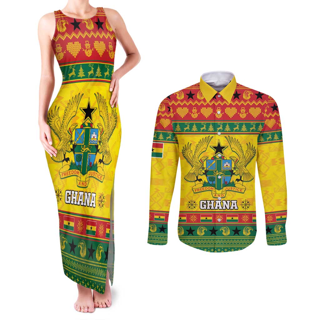 Ghana Christmas Couples Matching Tank Maxi Dress and Long Sleeve Button Shirt Coat Of Arms Afishapa - Wonder Print Shop