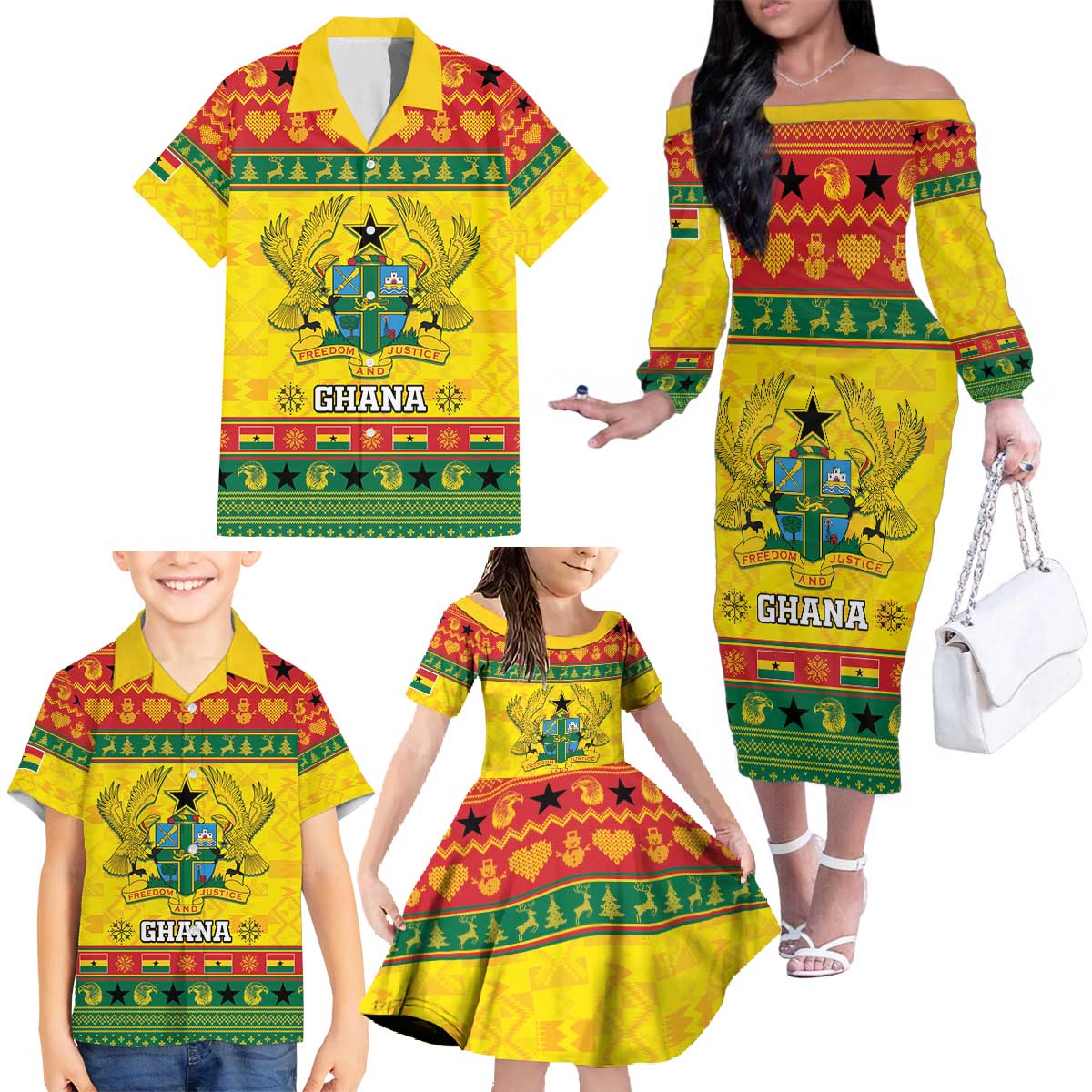 Ghana Christmas Family Matching Off The Shoulder Long Sleeve Dress and Hawaiian Shirt Coat Of Arms Afishapa - Wonder Print Shop