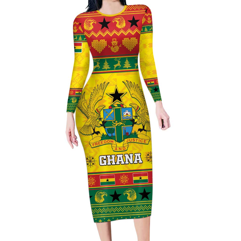 Ghana Christmas Long Sleeve Bodycon Dress Coat Of Arms Afishapa - Wonder Print Shop