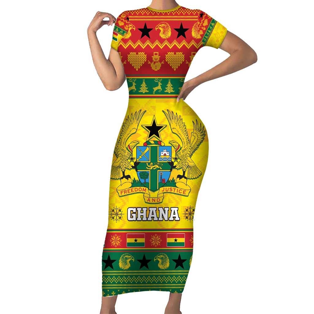 Ghana Christmas Short Sleeve Bodycon Dress Coat Of Arms Afishapa - Wonder Print Shop