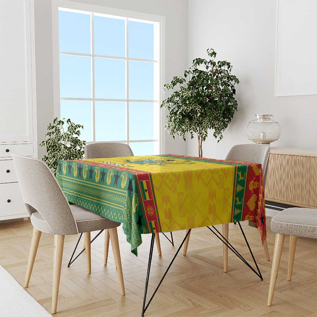 Rectangular Ghana Christmas tablecloth with green yellow red border pattern on dining table
