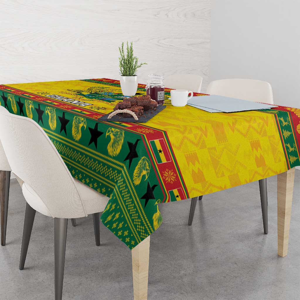 Ghana Christmas tablecloth with green pattern and yellow center, draped over table corners