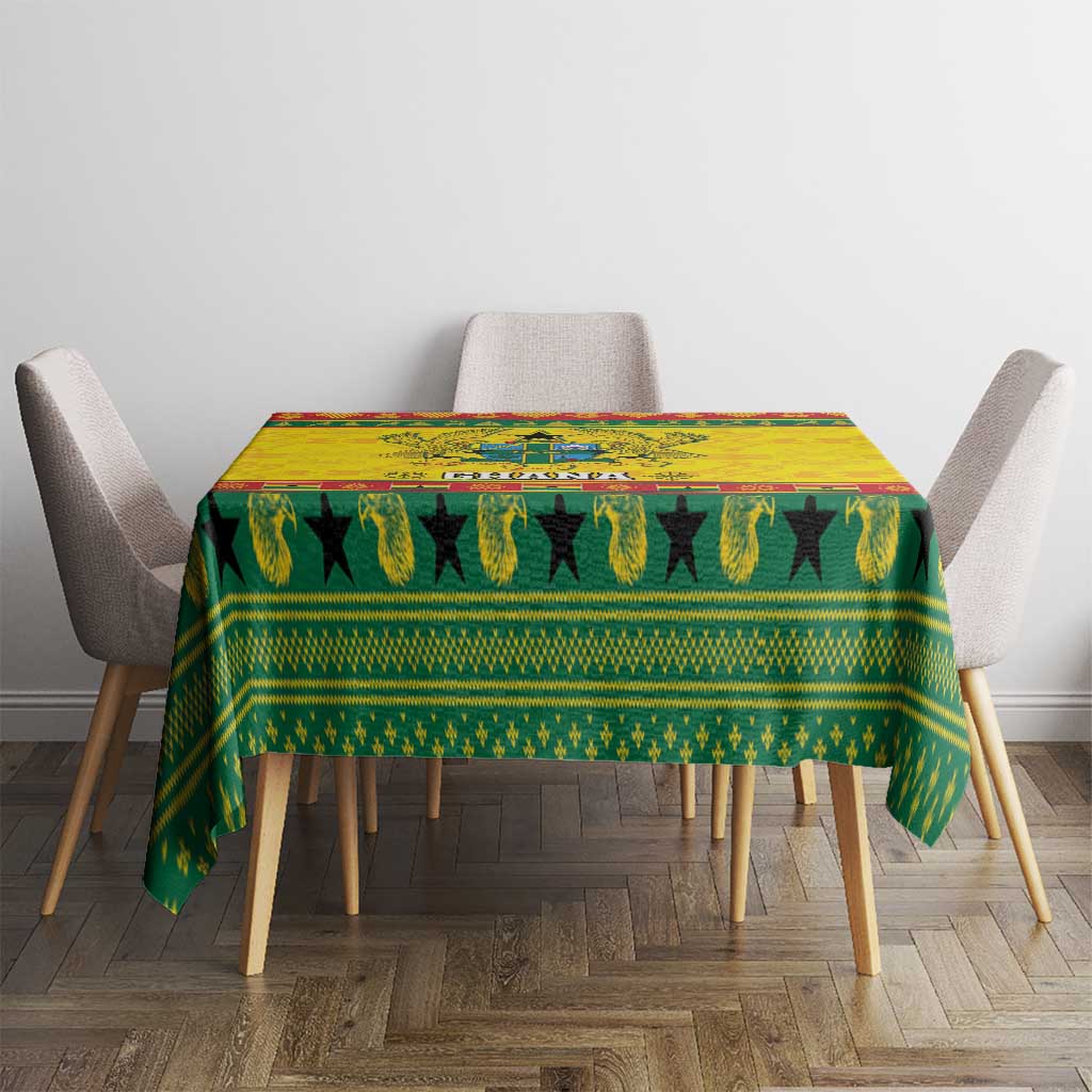 Ghana Christmas tablecloth in green and yellow with coat of arms pattern and fringe edges