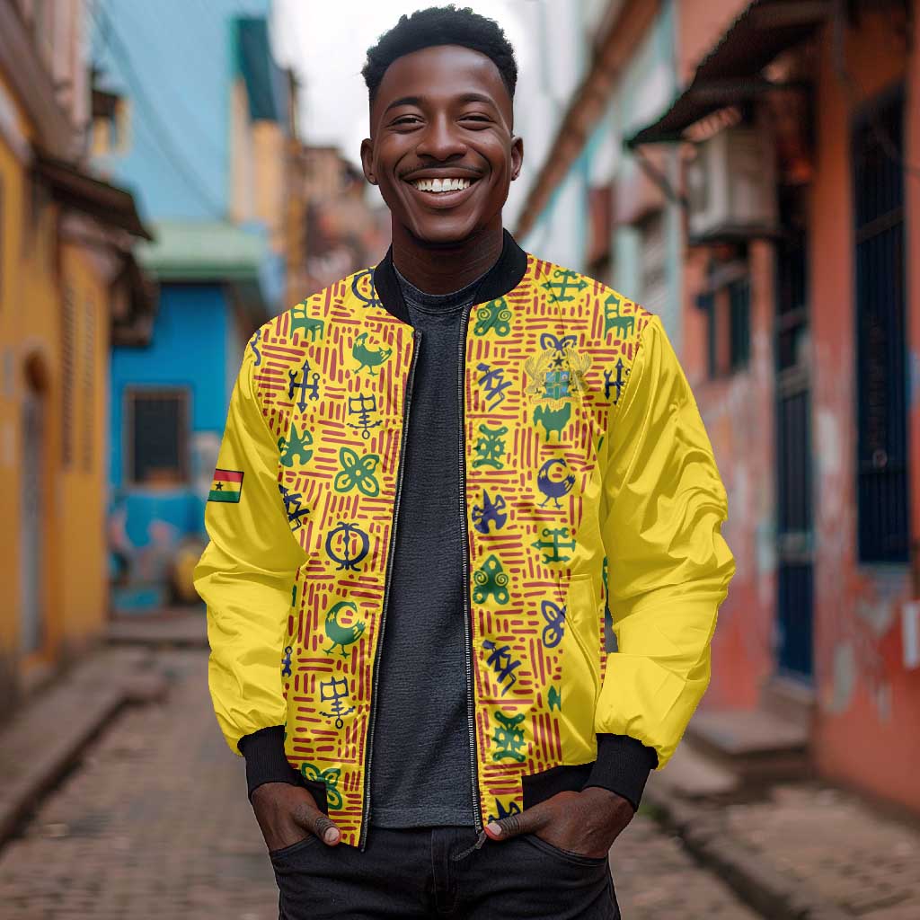 Custom Ghana Football Bomber Jacket Yellow Adinkra Pattern - Wonder Print Shop