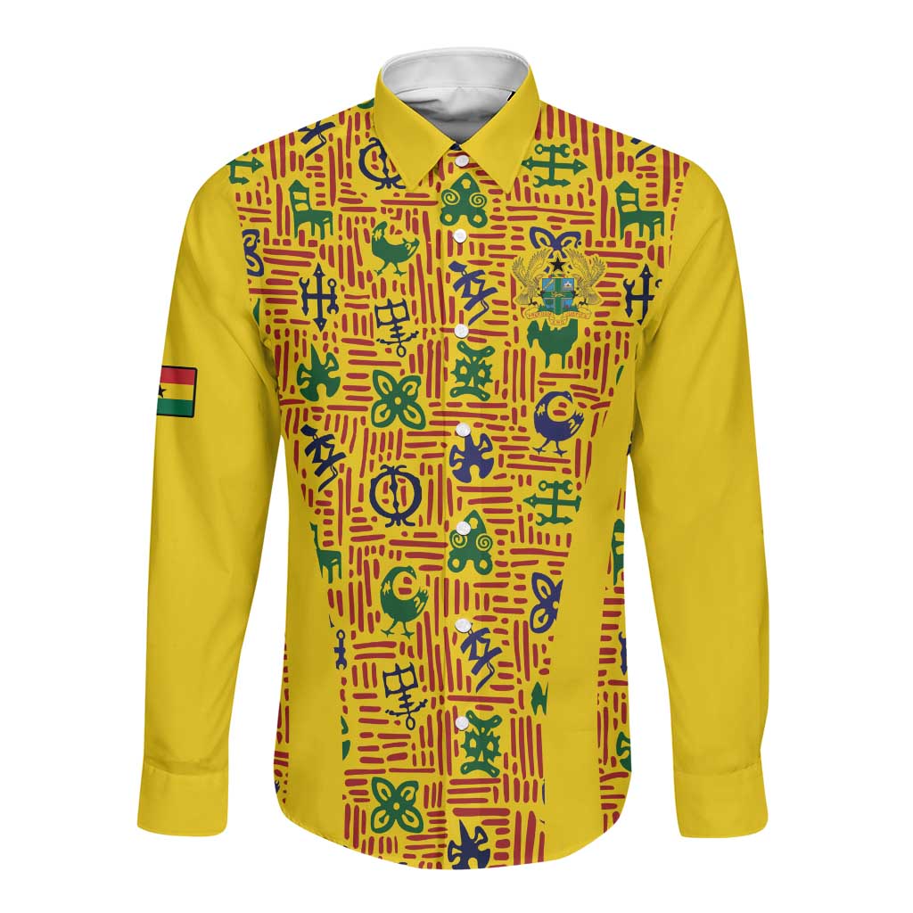 Custom Ghana Football Long Sleeve Button Shirt Yellow Adinkra Pattern - Wonder Print Shop