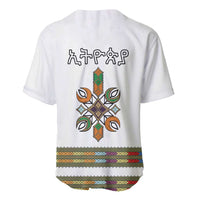 White baseball jersey with back cross tillet design and colorful patterned hem
