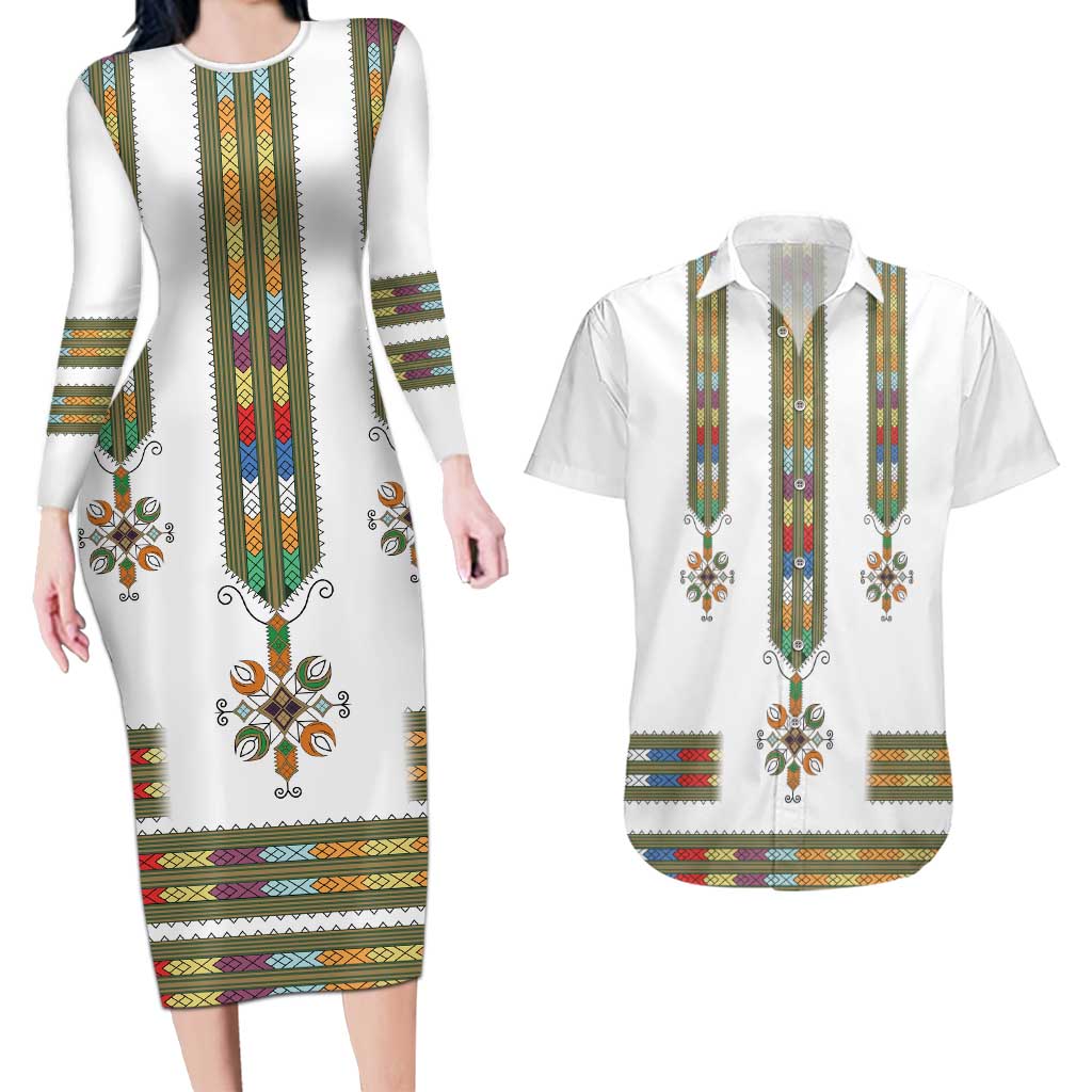 Ethiopian Traditional Habesha Costume Couples Matching Long Sleeve Bodycon Dress and Hawaiian Shirt Cross With Tilet Pattern