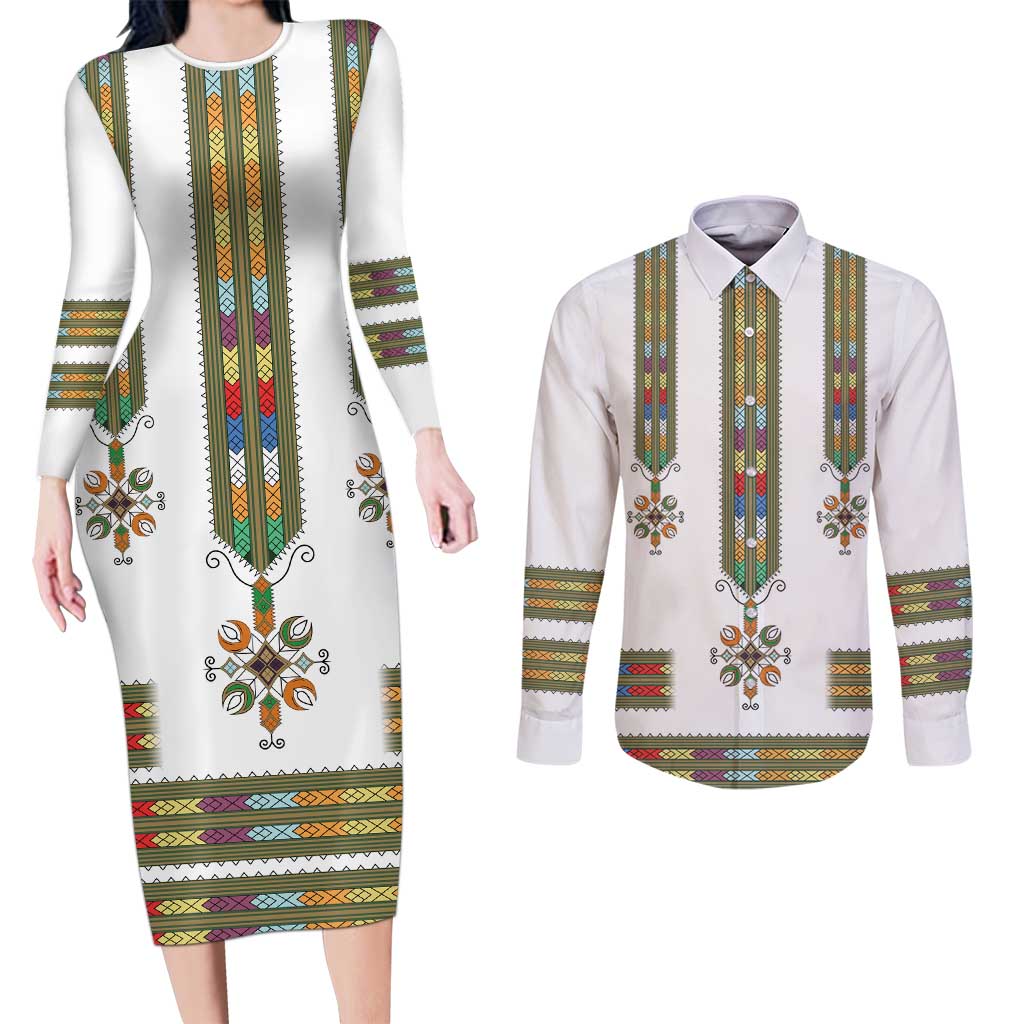 Ethiopian Traditional Habesha Costume Couples Matching Long Sleeve Bodycon Dress and Long Sleeve Button Shirt Cross With Tilet Pattern