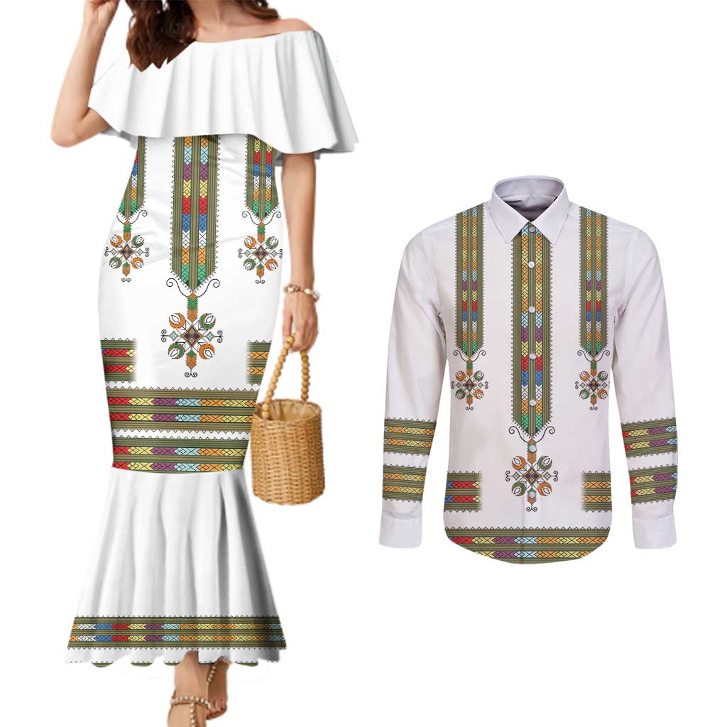 Ethiopian Traditional Habesha Costume Couples Matching Mermaid Dress and Long Sleeve Button Shirt Cross With Tilet Pattern