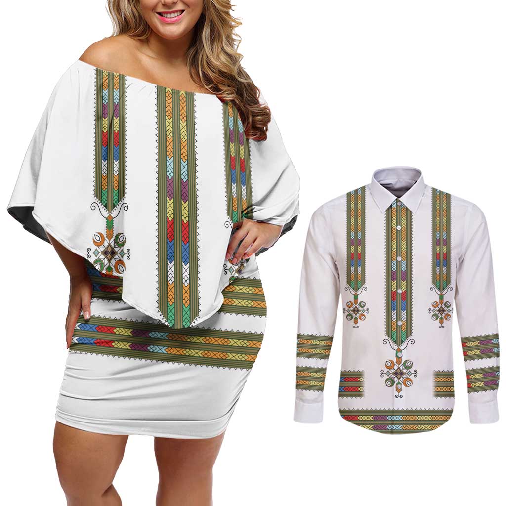 Ethiopian Traditional Habesha Costume Couples Matching Off Shoulder Short Dress and Long Sleeve Button Shirt Cross With Tilet Pattern