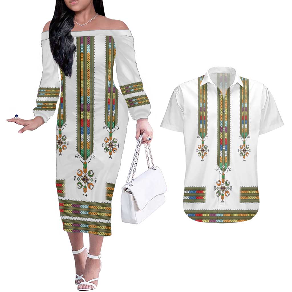 Ethiopian Traditional Habesha Costume Couples Matching Off The Shoulder Long Sleeve Dress and Hawaiian Shirt Cross With Tilet Pattern