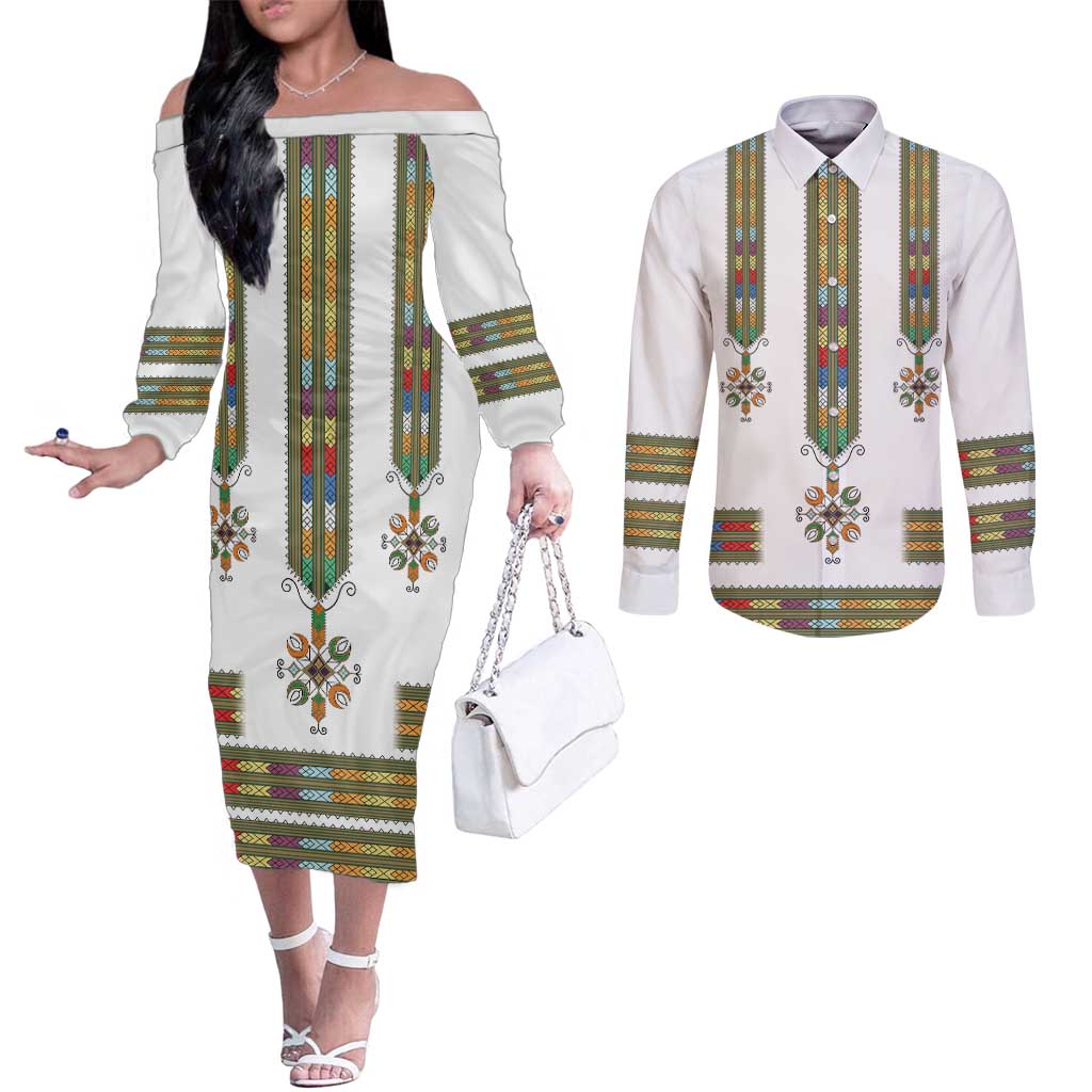 Ethiopian Traditional Habesha Costume Couples Matching Off The Shoulder Long Sleeve Dress and Long Sleeve Button Shirt Cross With Tilet Pattern