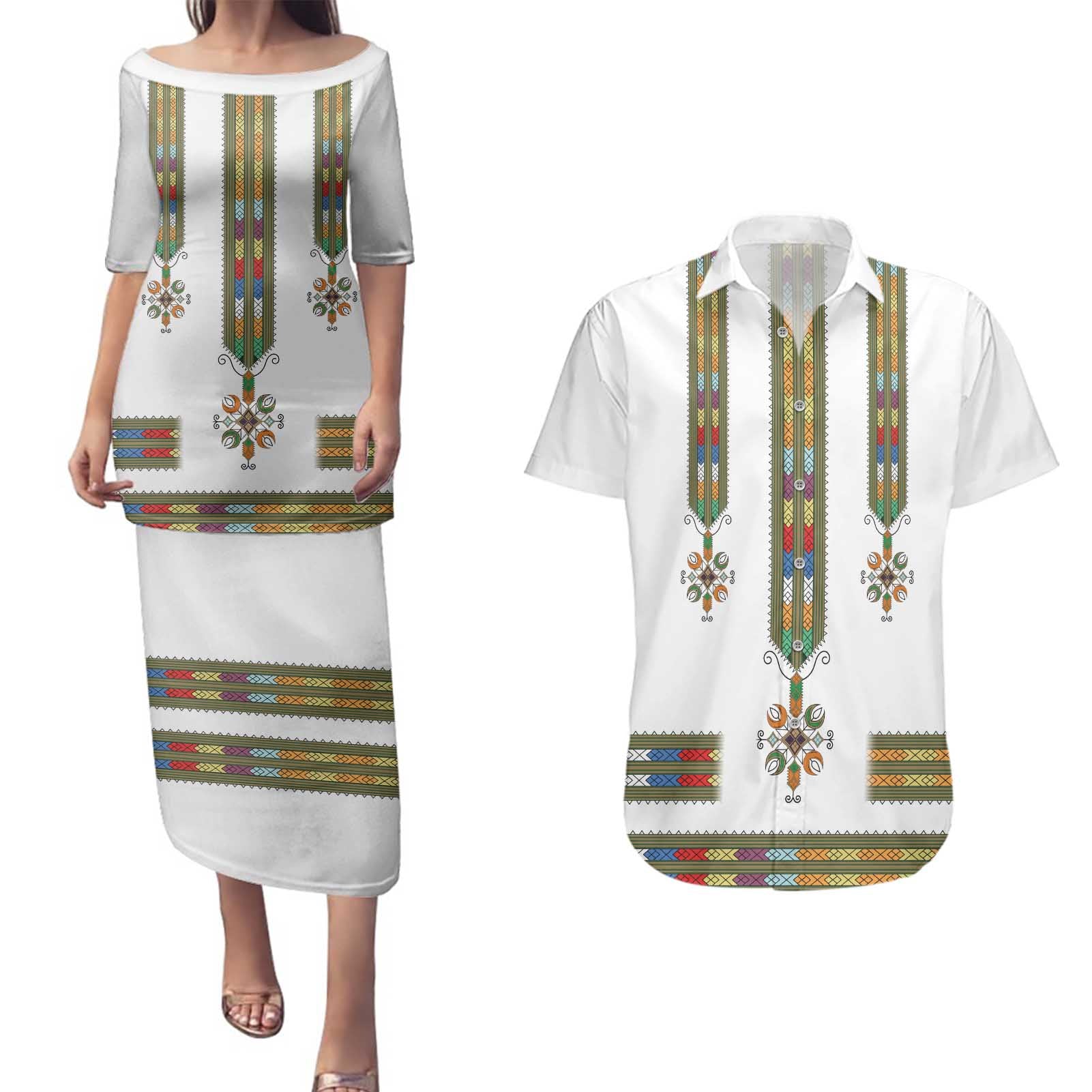 Ethiopian Traditional Habesha Costume Couples Matching Puletasi and Hawaiian Shirt Cross With Tilet Pattern