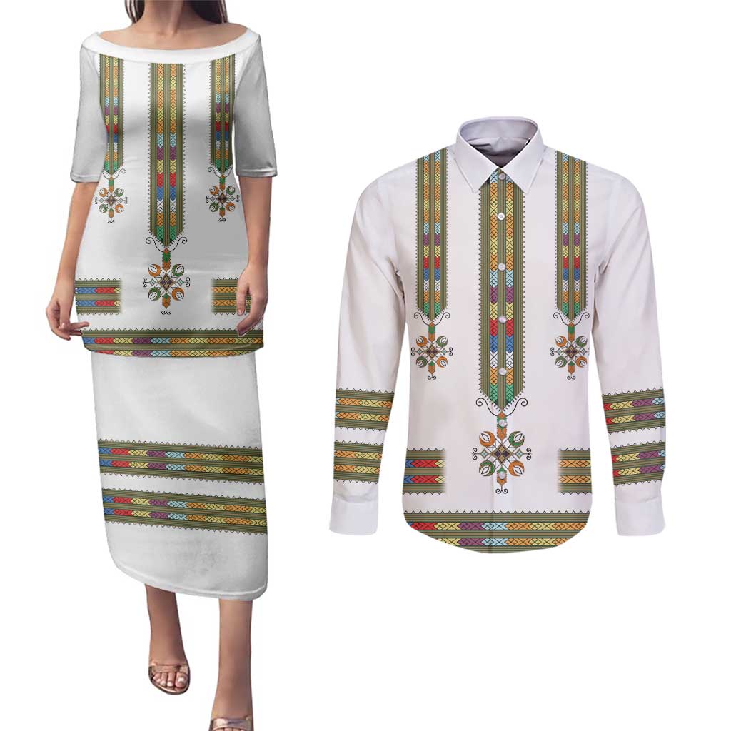 Ethiopian Traditional Habesha Costume Couples Matching Puletasi and Long Sleeve Button Shirt Cross With Tilet Pattern