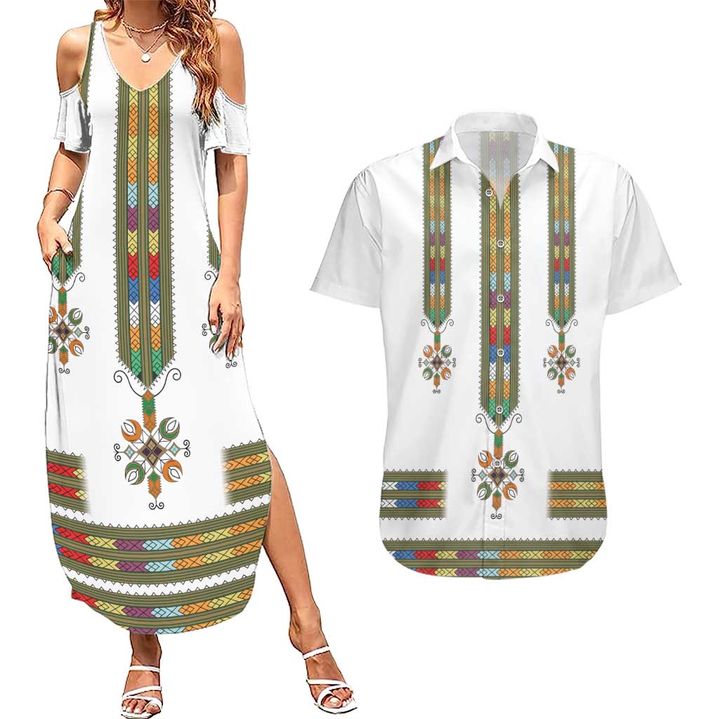 Ethiopian Traditional Habesha Costume Couples Matching Summer Maxi Dress and Hawaiian Shirt Cross With Tilet Pattern