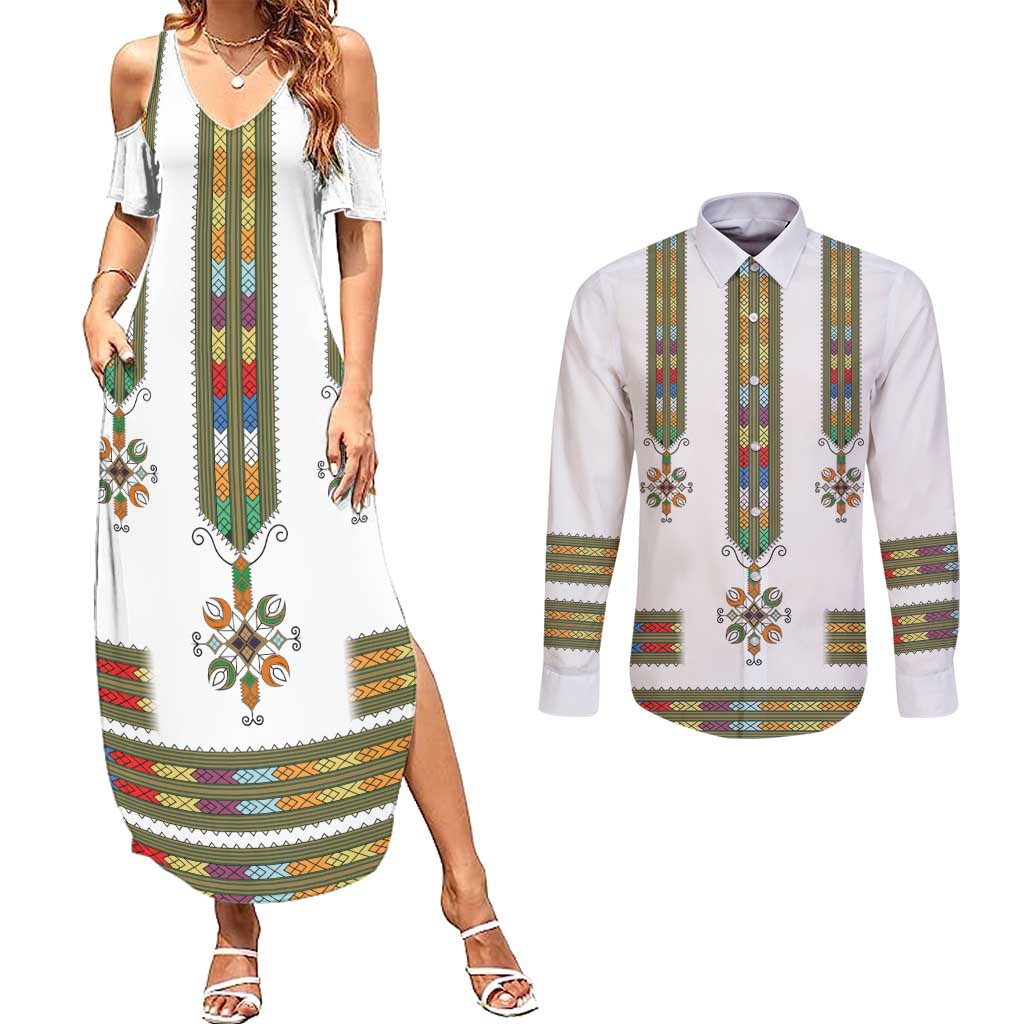 Ethiopian Traditional Habesha Costume Couples Matching Summer Maxi Dress and Long Sleeve Button Shirt Cross With Tilet Pattern