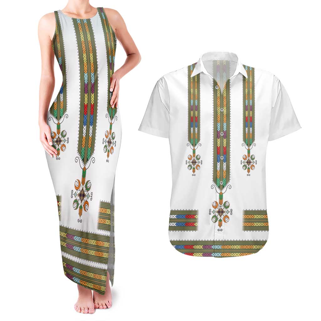 Ethiopian Traditional Habesha Costume Couples Matching Tank Maxi Dress and Hawaiian Shirt Cross With Tilet Pattern