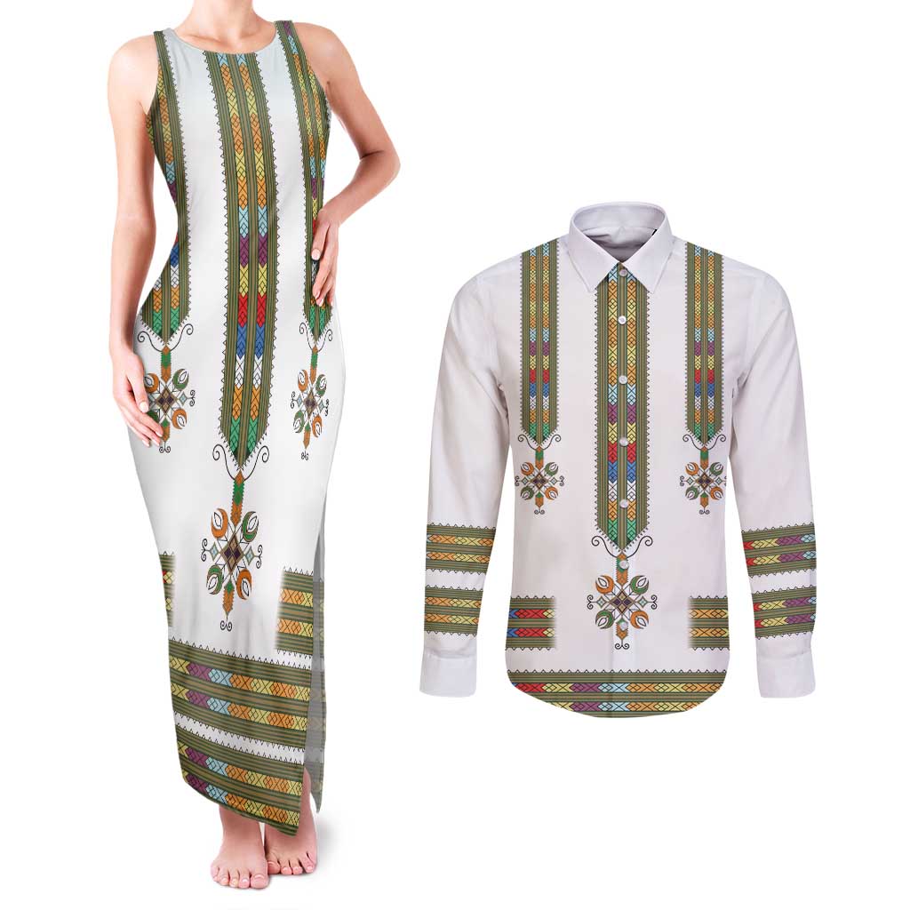 Ethiopian Traditional Habesha Costume Couples Matching Tank Maxi Dress and Long Sleeve Button Shirt Cross With Tilet Pattern