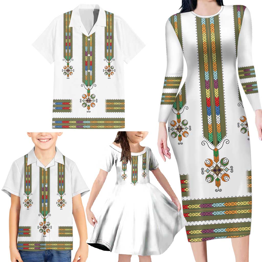 Ethiopian Traditional Habesha Costume Family Matching Long Sleeve Bodycon Dress and Hawaiian Shirt Cross With Tilet Pattern