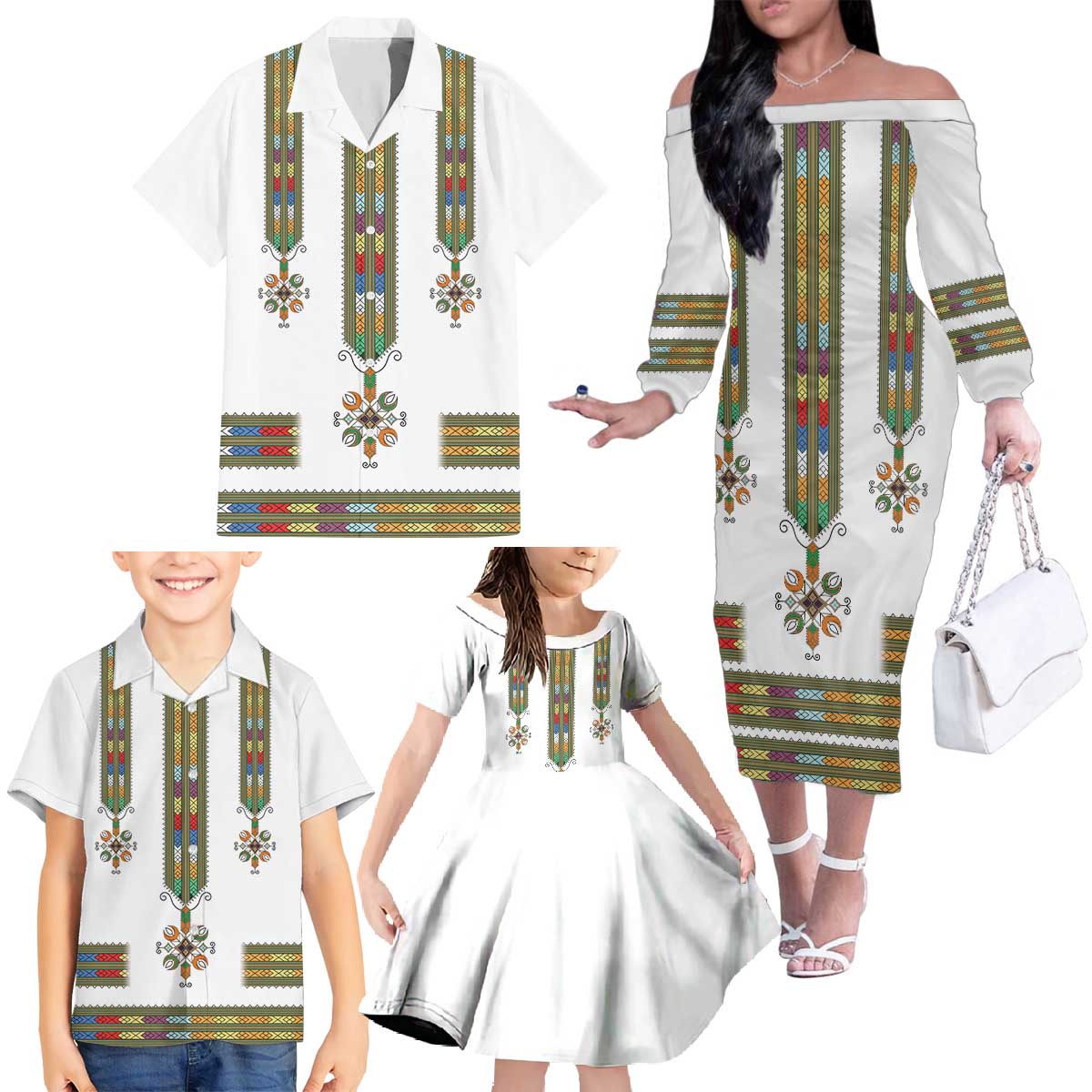 Ethiopian Traditional Habesha Costume Family Matching Off The Shoulder Long Sleeve Dress and Hawaiian Shirt Cross With Tilet Pattern