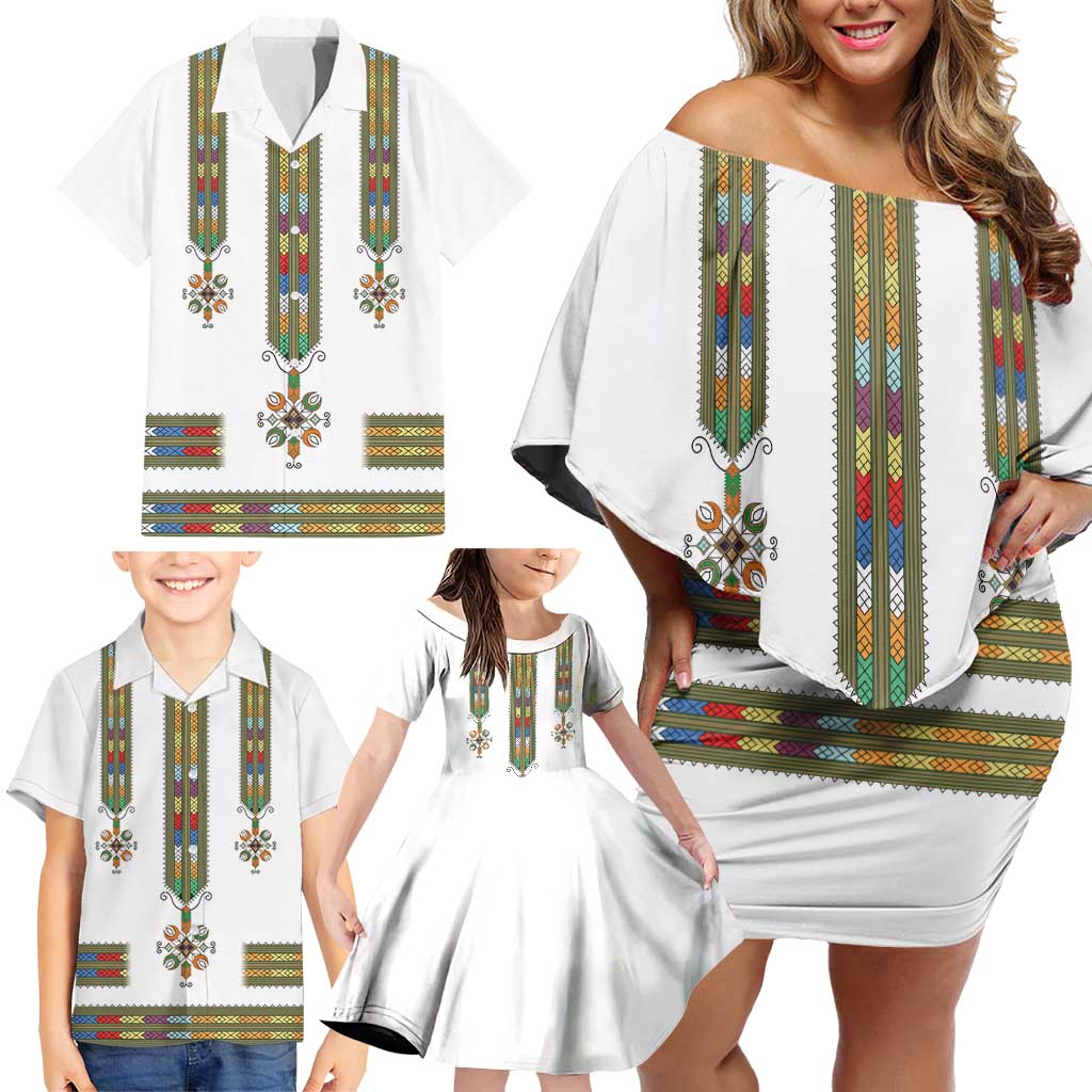 Ethiopian Traditional Habesha Costume Family Matching Off Shoulder Short Dress and Hawaiian Shirt Cross With Tilet Pattern