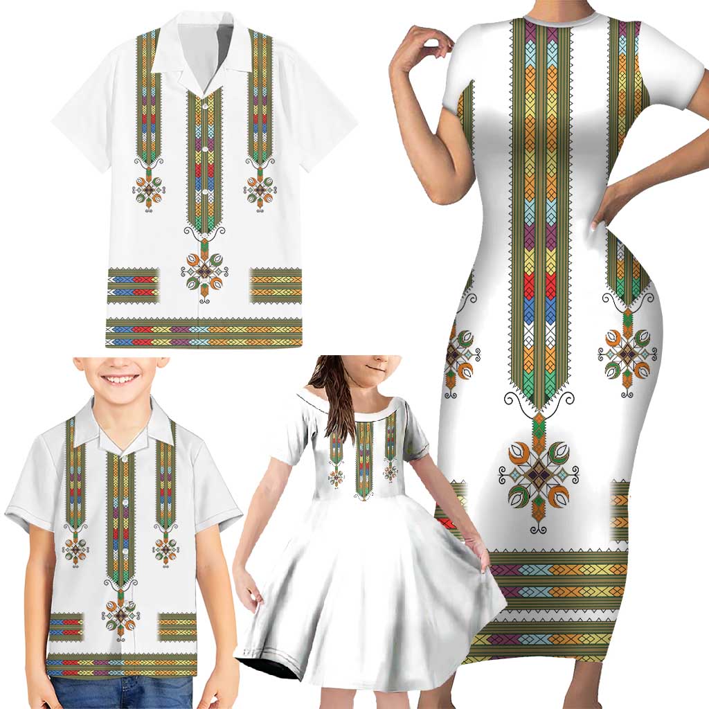 Ethiopian Traditional Habesha Costume Family Matching Short Sleeve Bodycon Dress and Hawaiian Shirt Cross With Tilet Pattern