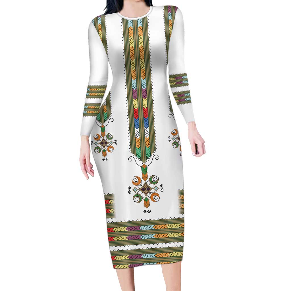 Ethiopian Traditional Habesha Costume Long Sleeve Bodycon Dress Cross With Tilet Pattern