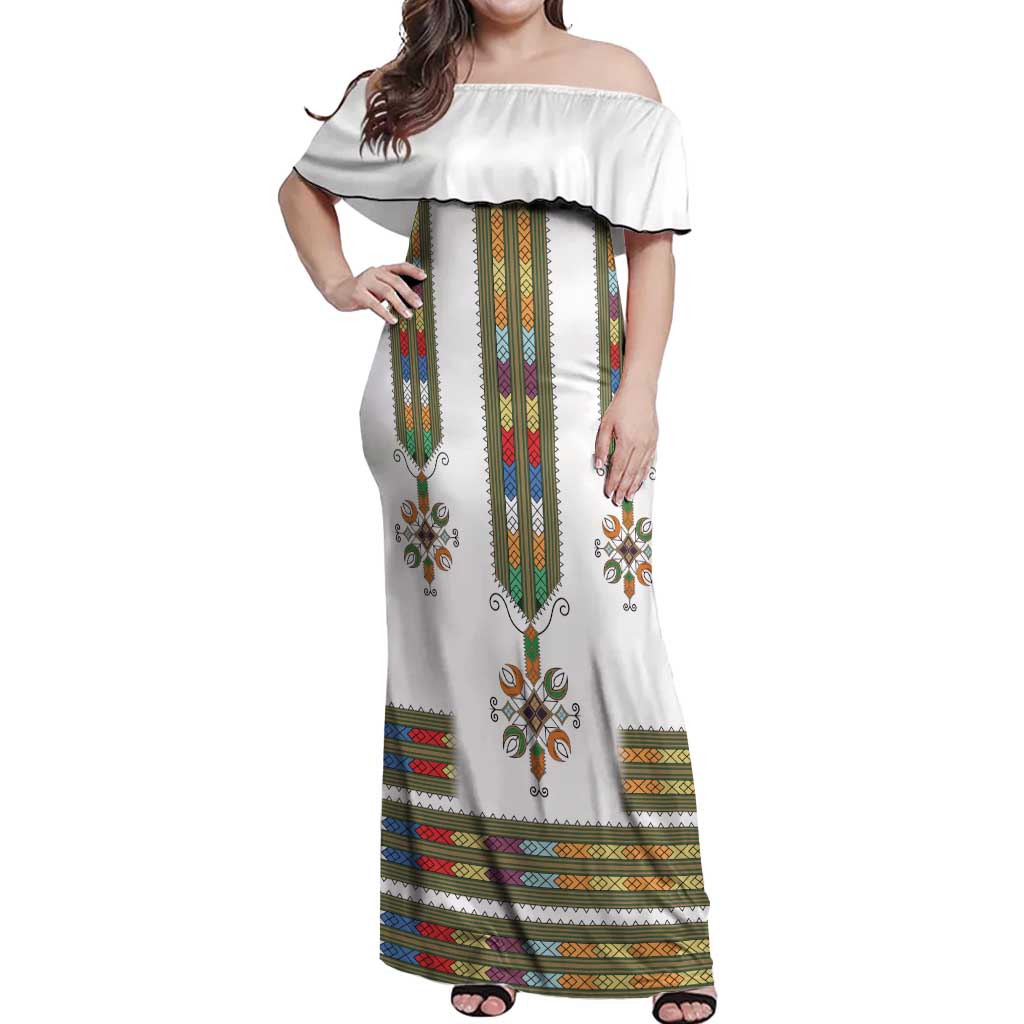 Ethiopian Traditional Habesha Costume Off Shoulder Maxi Dress Cross With Tilet Pattern