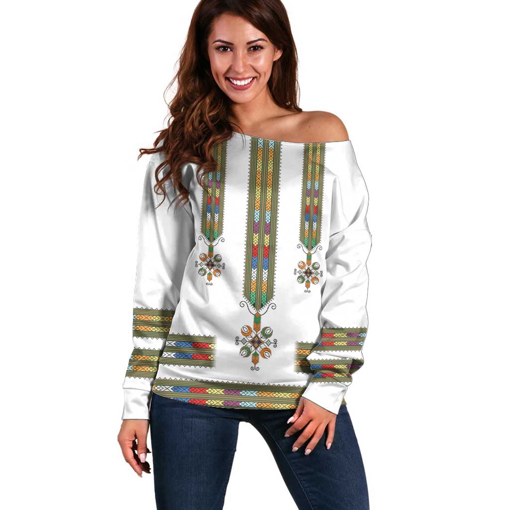 Ethiopian Traditional Habesha Costume Off Shoulder Sweater Cross With Tilet Pattern