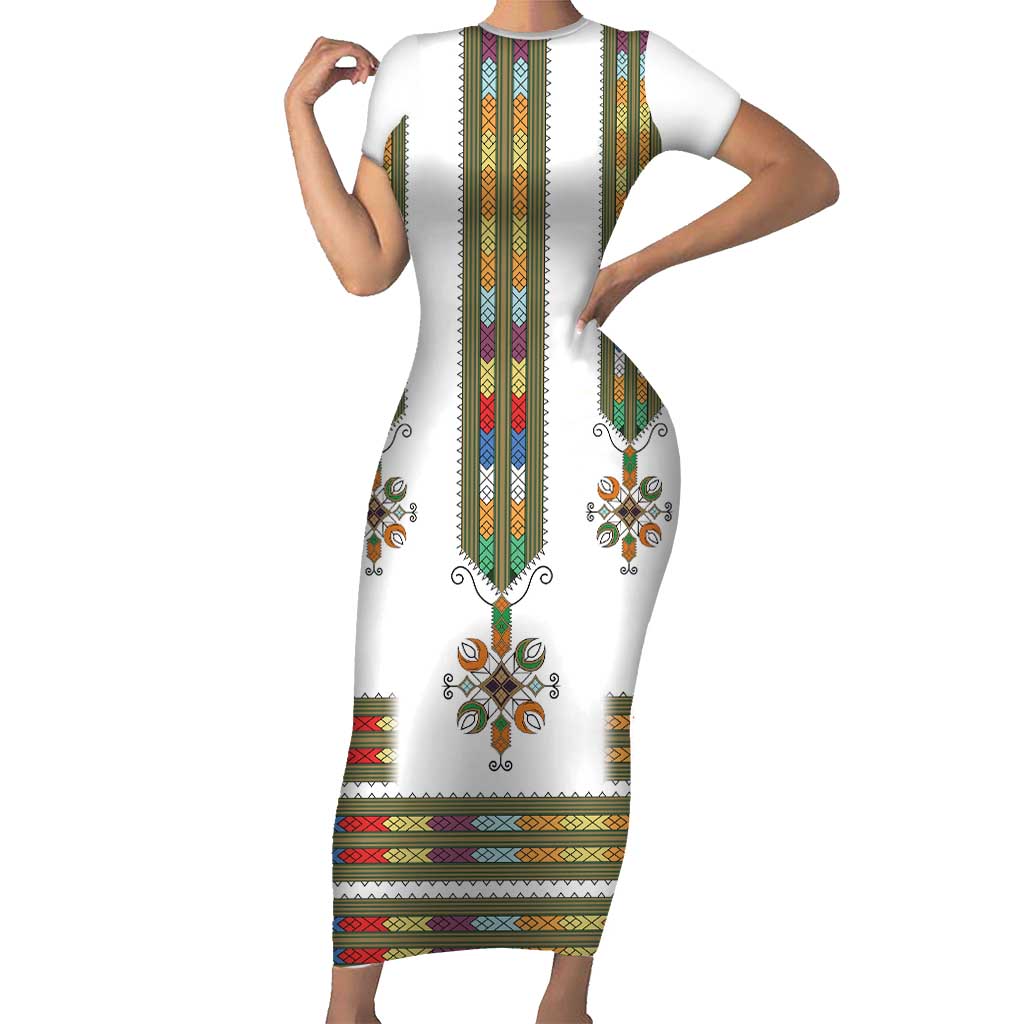 Ethiopian Traditional Habesha Costume Short Sleeve Bodycon Dress Cross With Tilet Pattern