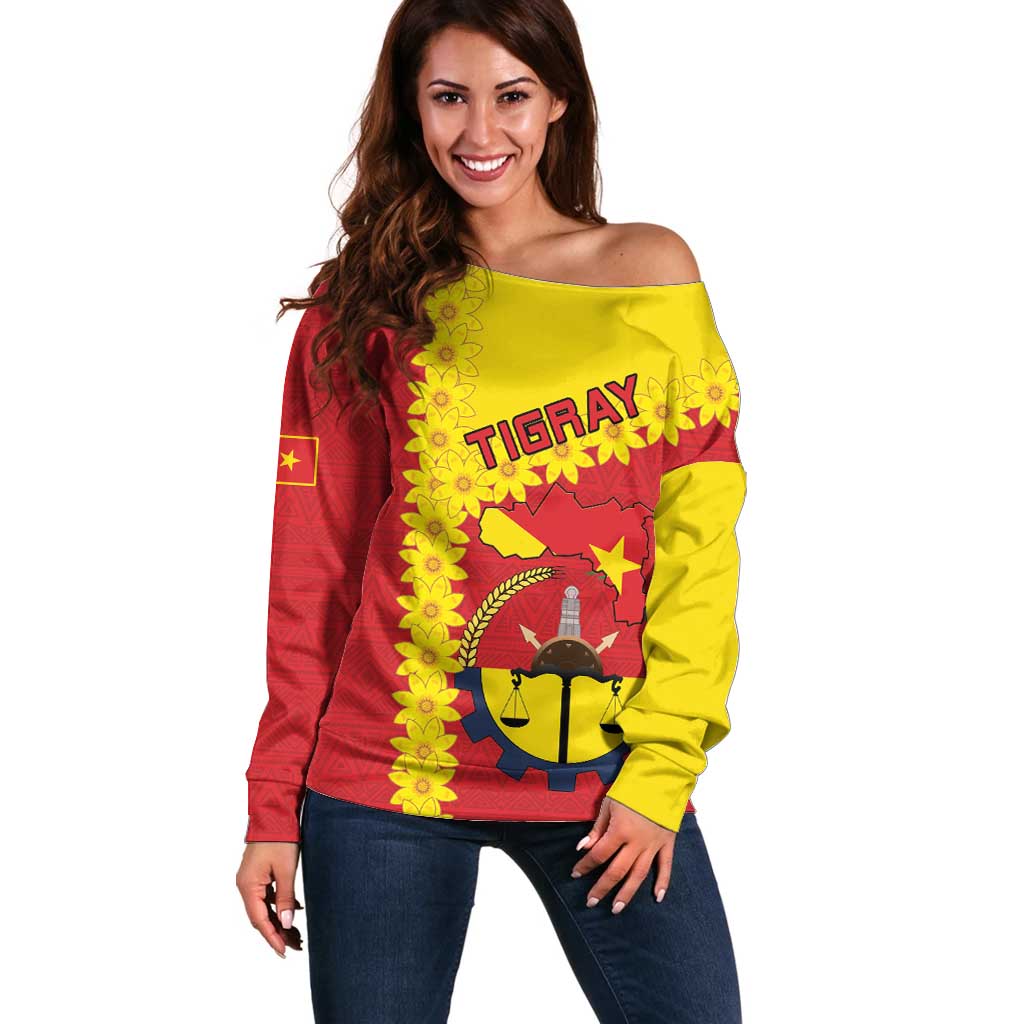 Tigray Region Off Shoulder Sweater Tigray Emblem With Flag Map