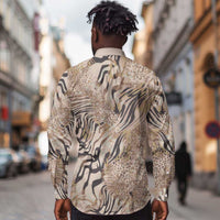 African Zebra Leopard Pattern Long Sleeve Button Shirt Sand Taupe Beige