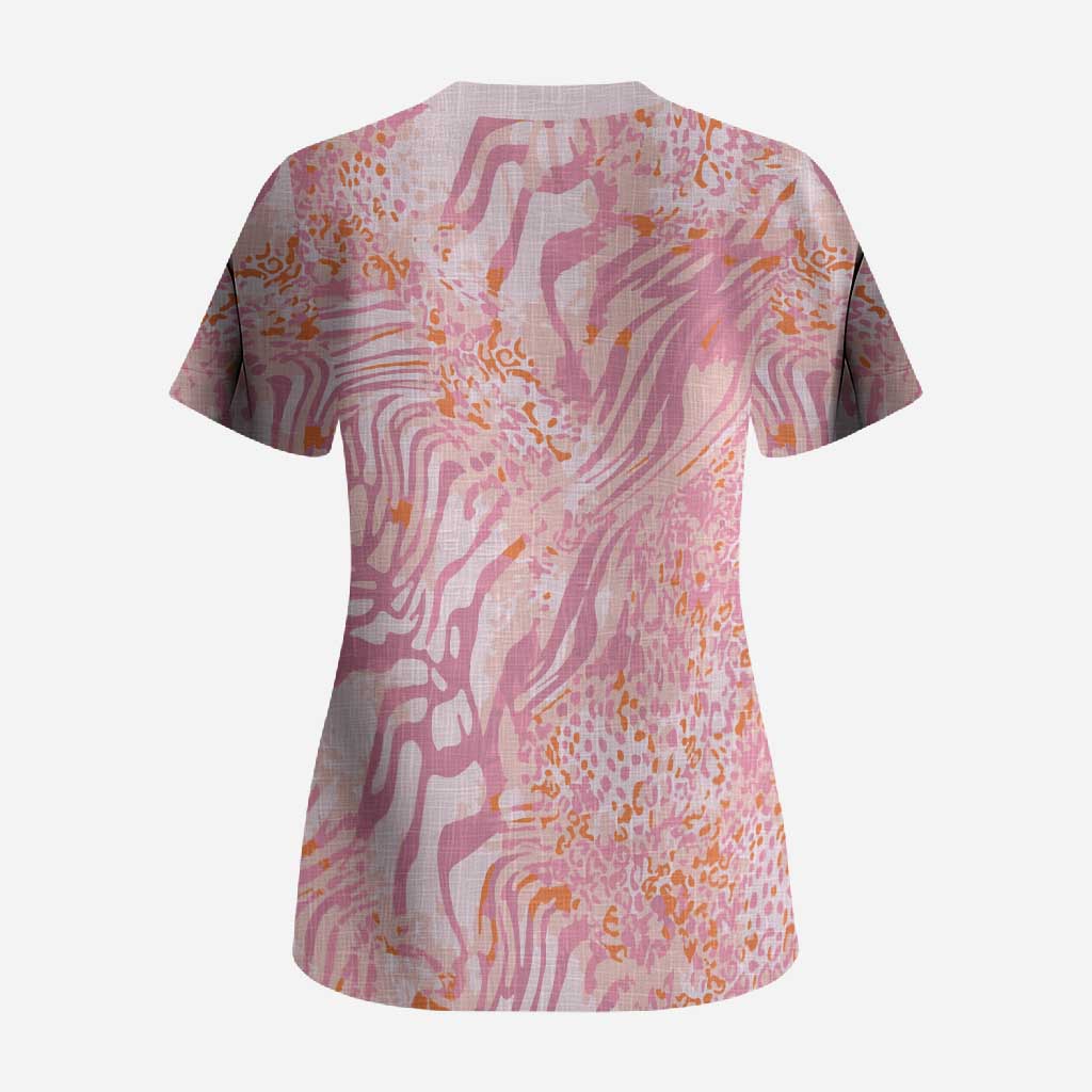 African Zebra Leopard Pattern Scrub Top Blush Savannah